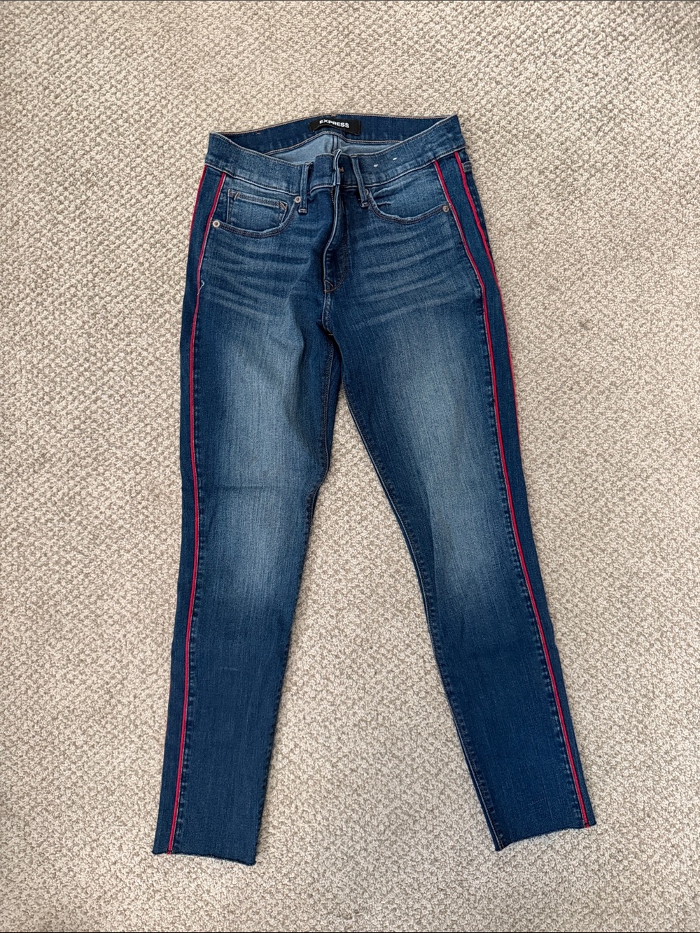 Express Dark Blue Skinny Jeans with Red Side Stripes